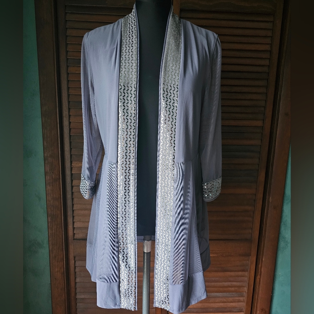 R&M Richards Gray Dressy Overlay Jacket with Silver Sequins Women's Size 10